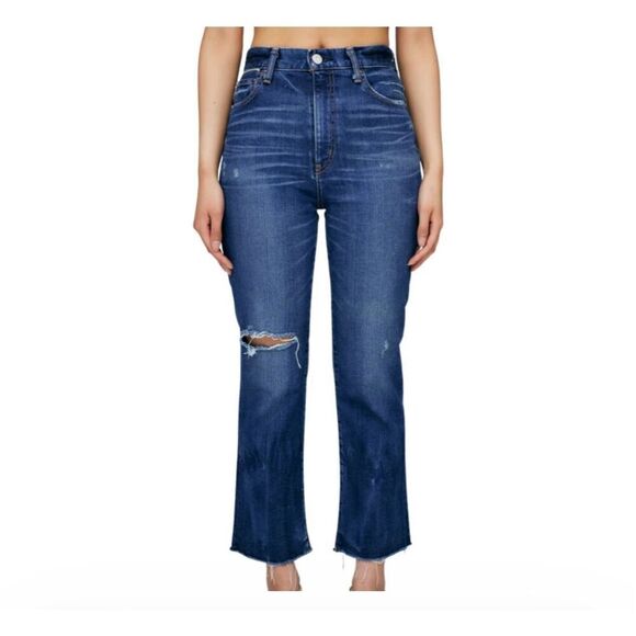 Moussy Vintage Womens Rhode Cropped Distress Hi Rise Flare Denim Jeans Blue Sz 2 - Picture 1 of 13